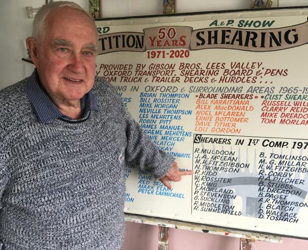 Roddy Moore prepared this commemorative board to mark 50 years of shearing at the Oxford A&P Show. Photo: David Hill