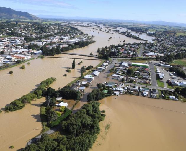 An aerial view of the flooded Mataura River and Gore last week. Photo: Stephen Jaquiery