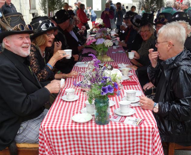A group enjoys high tea during the Harbour St Party in Oamaru’s Victorian precinct yesterday....
