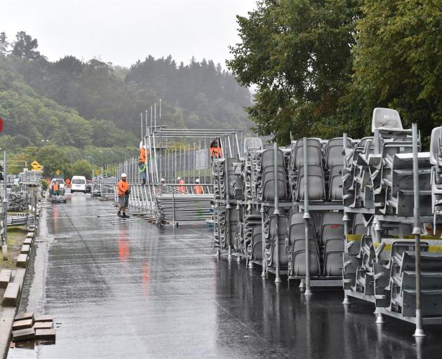 Construction on the temporary stand at the University of Otago Oval for the twenty20 international between New Zealand and Australia is under way. Photo: Gregor Richardson