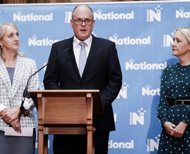 Amy Adams (left), Todd Muller and Nikki Kaye announcing National's portfolio reshuffle. Photo: RNZ 