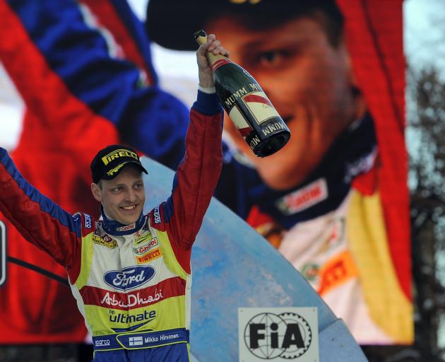 Mikko Hirvonen celebrates his win in the Rally of Sweden in 2010. Photo: Getty Images 