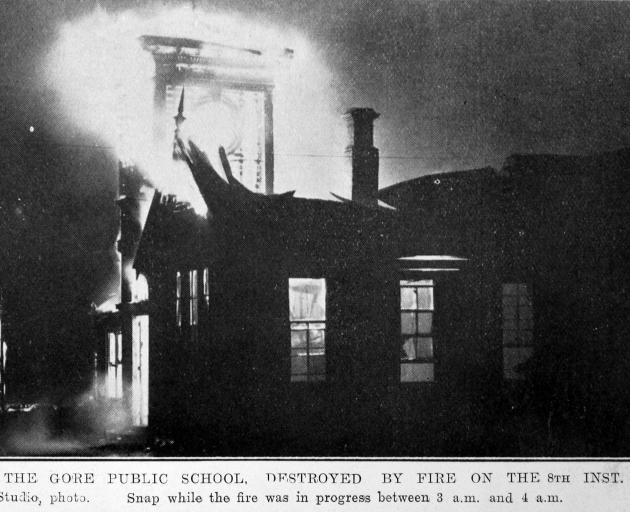 The Gore public school, destroyed by fire on May 8, while the fire was in progress between 3am...