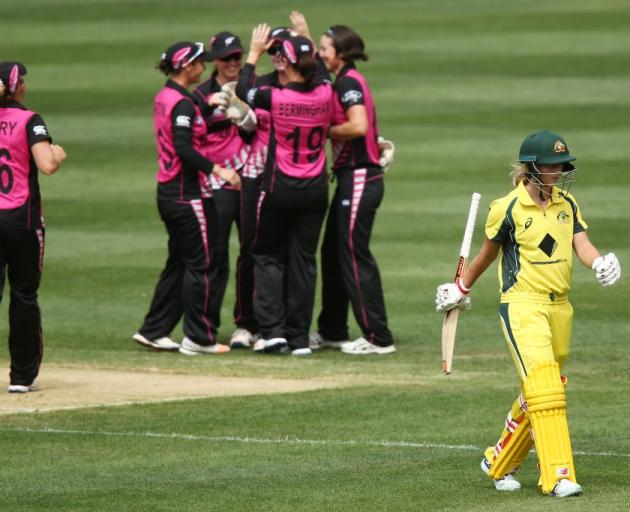 The White Ferns celebrate getting Australia captain Meg Lanning out, something they will hope to...