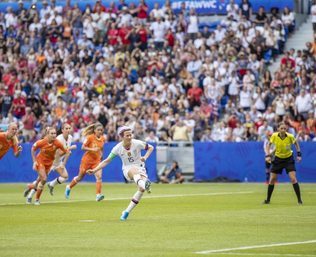 Megan Rapinoe of the US scores during the final of 2019 Women's World Cup in France. Photo: Getty...