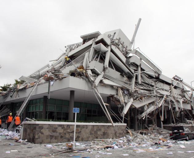 The collapsed PGC building on the day of the February 2011 earthquake. Photo: Geoff Sloan