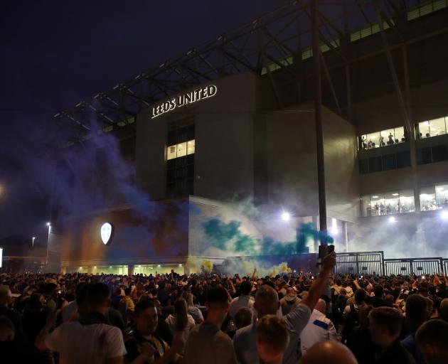 Leeds United fans celebrate promotion to the Premier League outside their Elland Road ground....