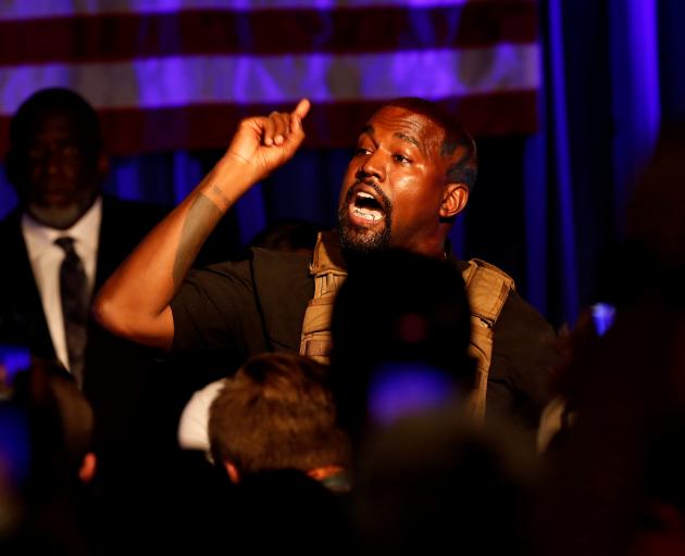 Kanye West at his first rally in support of his presidential bid in North Charleston, South...