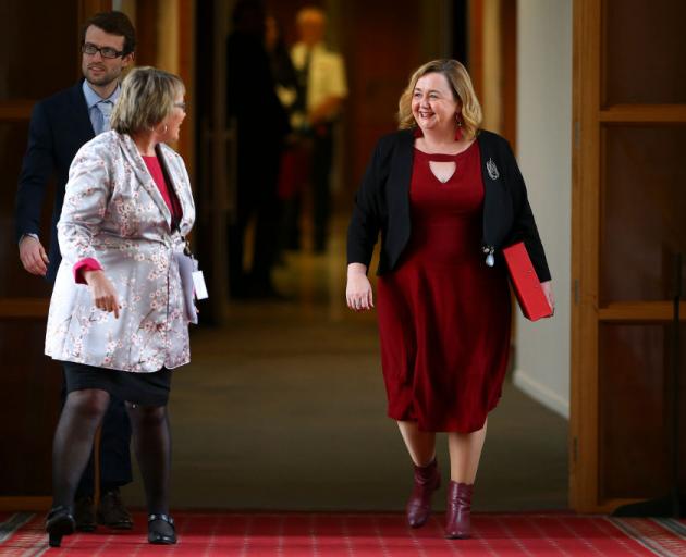 Ministers Tracey Martin and Megan Woods walk to the house during Budget 2020 delivery day at...