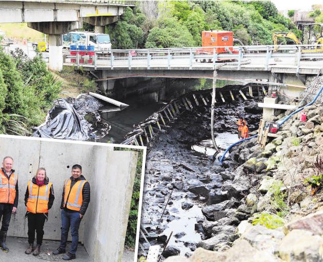 Work to fill a cavity in the Oamaru Creek bed is progressing well. Inset: District Council...