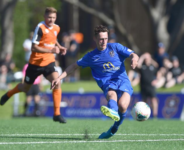 Southern United striker Joel Stevens scores in the second half of his side's match against Tasman...