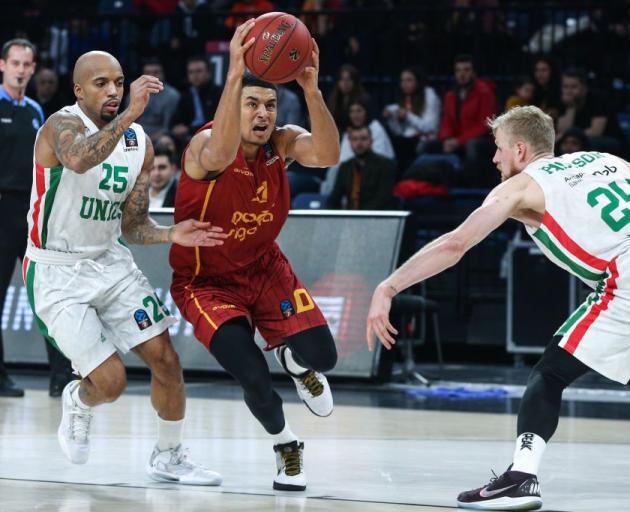 New Breakers signing Tai Webster takes the ball to the hoop for his old Turkish club Galatasaray....
