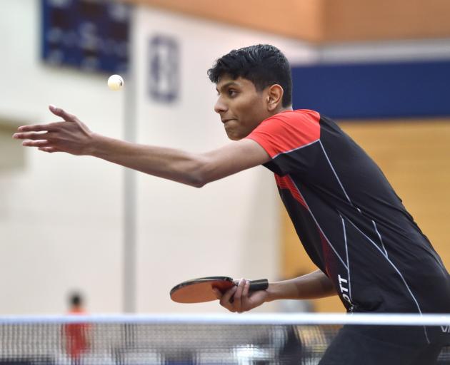 Vedang Gaikwad from Christchurch serves during an under-21 doubles semifinal at the Otago Open...