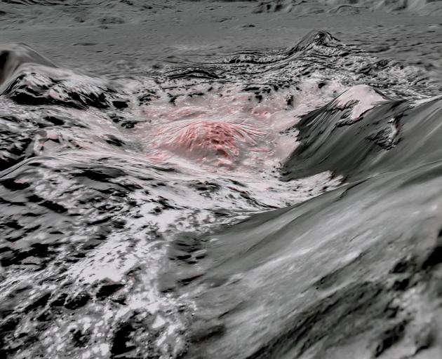 Salty liquids pushed up from a deep reservoir under the crust of the dwarf planet Ceres. Photo:...