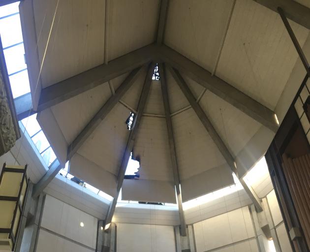Damage to the roof and ceiling of St Paul's Anglican Cathedral seen from inside. Photo: Emma Perry