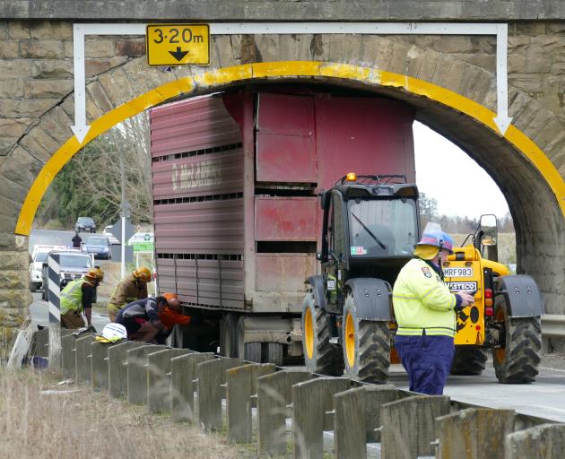 Emergency services work to dislodge a stock truck carrying cattle from beneath a railway bridge...