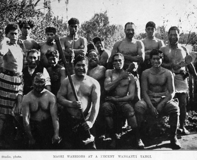 Maori warriors at a recent tangi in Wanganui. — Otago Witness, 31.8.1920.
...