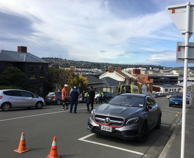 Emergency services at the scene where an elderly woman was hit by a car in central Dunedin this...