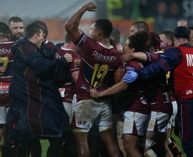 Southland Players celebrate their win against Hawke’s Bay in a Mitre 10 Cup match at Rugby Park...