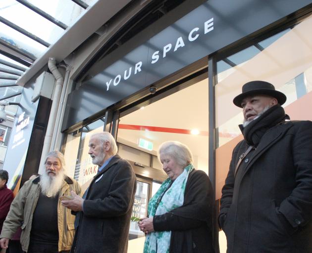 Waihopai upoko Michael Skerrett (second from left) says a prayer at the He Waka Tuia Art + Museum...