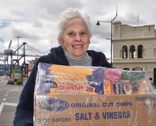 Otago Seafarers Charitable Trust managing trustee Shirley Farquhar with a care package yesterday....