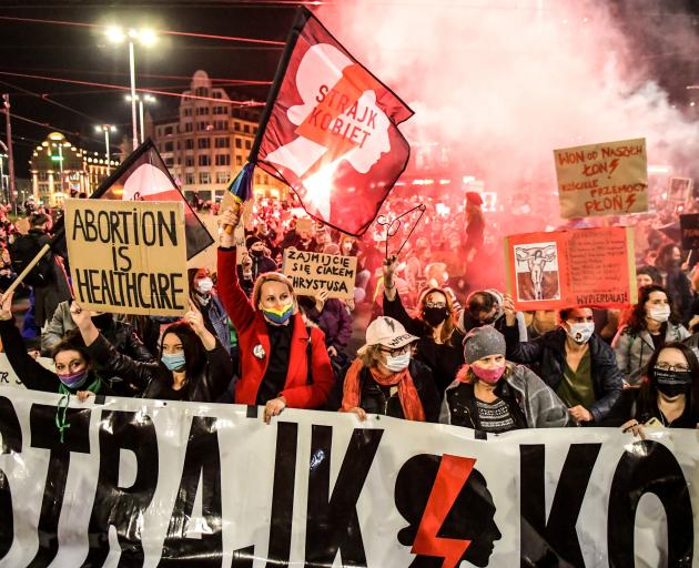 People came out to protest in Wroclaw against the ruling by Poland's Constitutional Tribunal that...