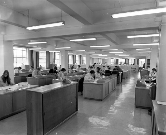 The Bonus Bonds Centre at the Chief Post Office, Dunedin, in the 1970s.