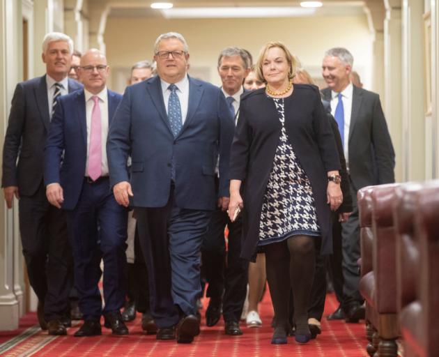 New leader of the National Party Judith Collins with deputy leader Gerry Brownlee and other...