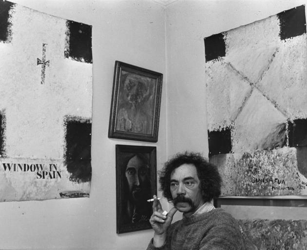 Ralph Hotere with two of the canvases from the "Window in Spain" series in 1979. PHOTO: ODT FILES