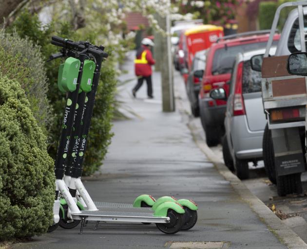 Lime scooters parked on Gladstone Rd in Dunedin yesterday. PHOTO: GERARD O’BRIEN