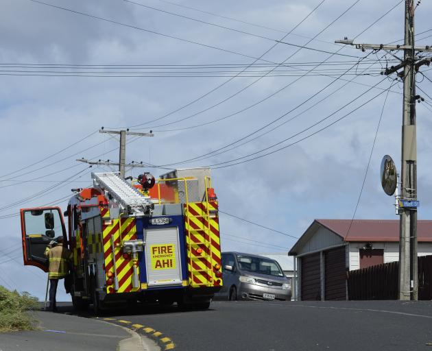 Dunedin fire crew deal with powerlines down in Tomahawk Rd, Anderson's Bay, this afternoon. Photo...