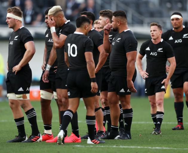 The All Blacks look dejected after defeat during the 2020 Tri-Nations rugby match with the Argentina Los Pumas. Photo: Getty Images