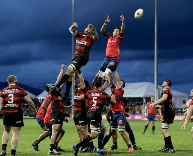 Canterbury and Tasman participate in a lineout during their match in Blenheim last night. Photo: Getty Images