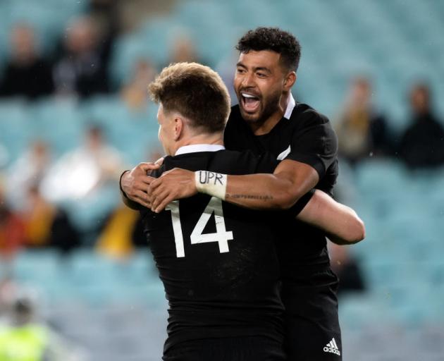 Jordie Barrett (left) and Richie Mo'unga, who scored two tries for the All Blacks. Photo: Getty...