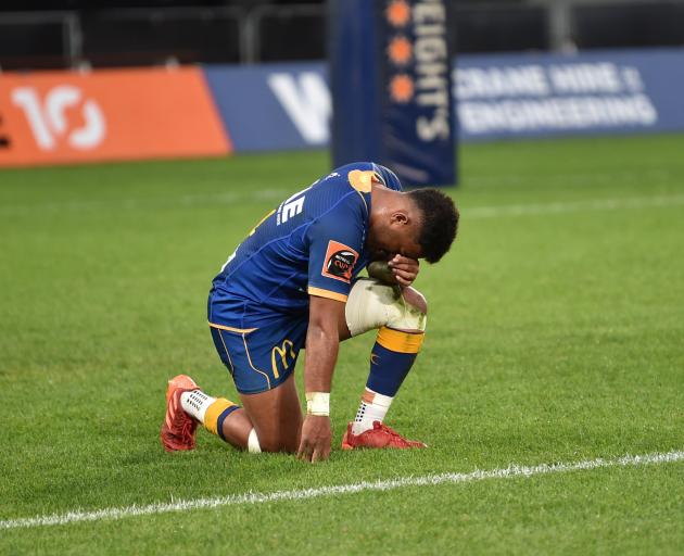 Otago wing Vilimoni Koroi is down on one knee devastated after Otago’s loss to Northland in the...