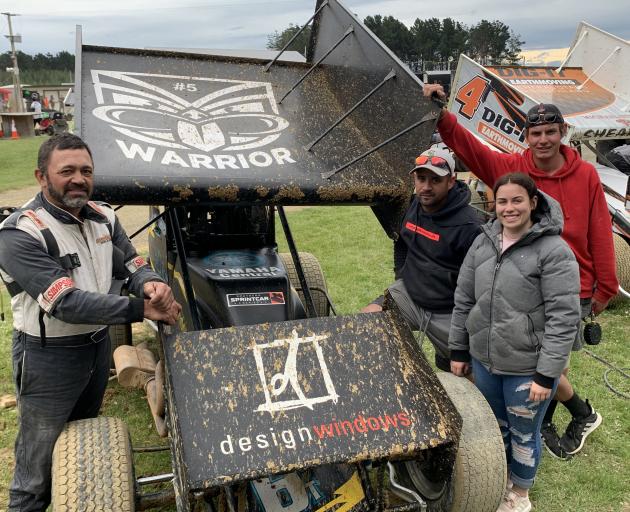 Speedway racing driver and former Warriors player Whetu Taewa (left) with his crew (from second...