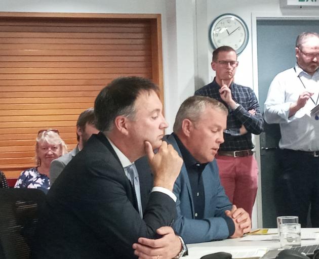 Christchurch International Airport executives Michael Singleton (left) and Rhys Boswell speak at...