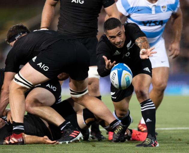 Aaron Smith gets the ball away as the All Blacks returned to form, thumping the Pumas 38-0 on...