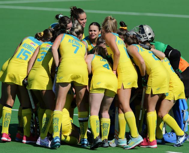 The Hockeyroos huddle during the FIH Hockey Olympic Qualifiers match between the Australian Hockeyroos and Russia in October last year. Photo: Getty Images