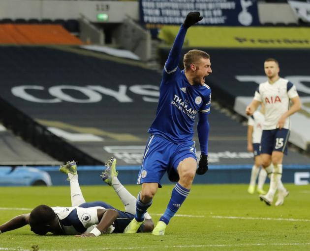 Jamie Vardy celebrates scoring for Leicester against Spurs this morning. Photo: Getty Images