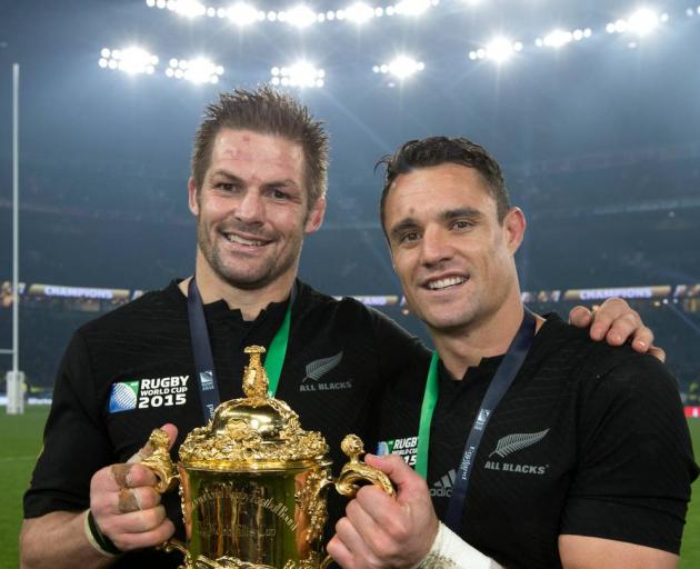 Richie McCaw (left) and Daniel Carter with the Webb Ellis Cup after winning the 2015 Rugby World...