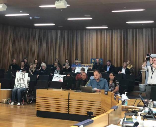 The protesters at the Christchurch City Council meeting. Photo: Pauline Cotter
