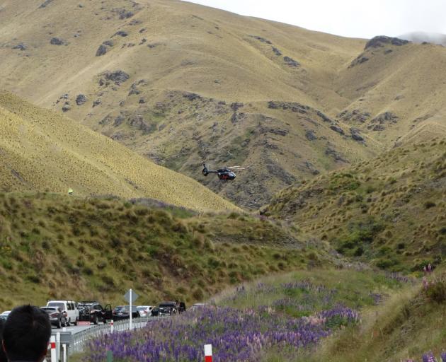 The Otago Regional Rescue helicopter at the scene, about 10km from Cardrona, following a crash this afternoon. Photo: Mark Price
