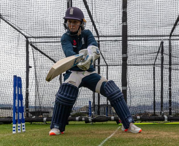 England’s Heather Knight bats in the nets at the Queenstown Events Centre. The England squad...