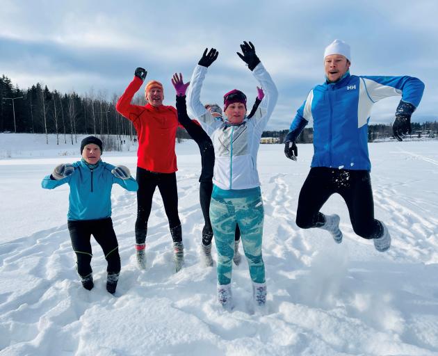 Athletes wearing woollen socks instead of footwear during their training in Espoo. Photo: Reuters 