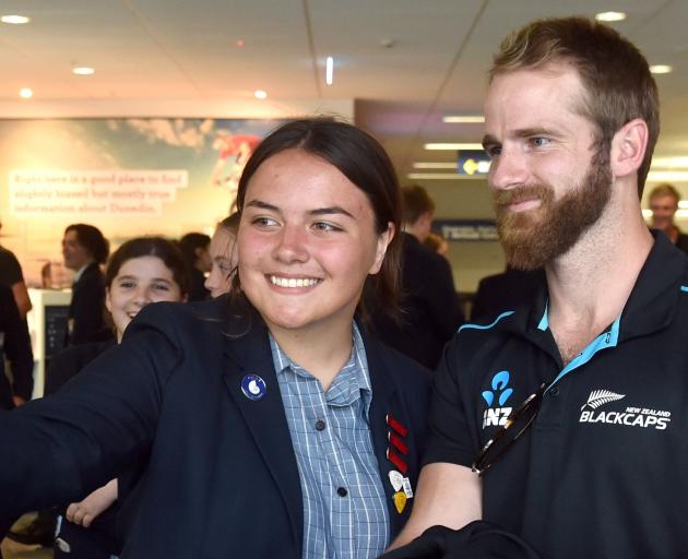 Otago Girls’ High School pupil Shakirah Stephen (16) takes a selfie with Kane Williamson as the...