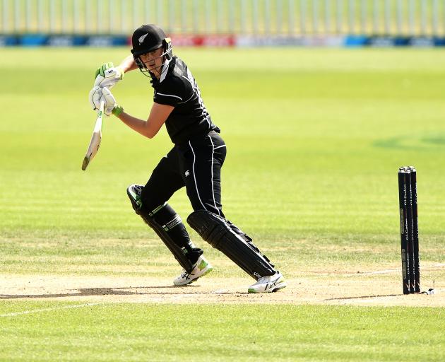 Amy Satterthwaite, of New Zealand, steers the ball late during her unbeaten innings of 119...