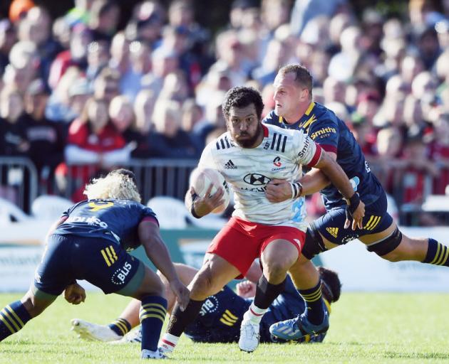 Rene Ranger of the Crusaders charges forward during the Farmlands Cup pre-season Super Rugby Aotearoa match between the Crusaders and the Highlanders at Temuka. Photo: Getty Images