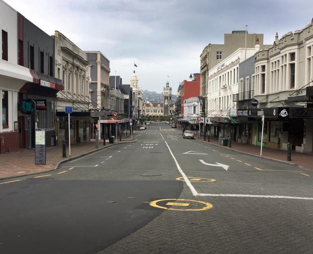 Dunedin's deserted Stuart St during the Covid-19 alert level four lockdown. Photo: Peter McIntosh 