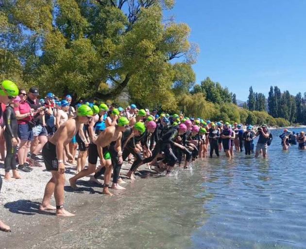 The boys under-16 field at the Otago secondary schools triathlon championships begins its race at...